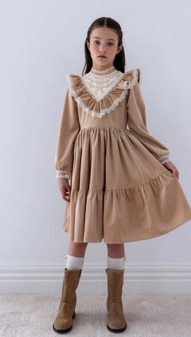 Petite Amalie  Toffee Vintage Lace Yoke Cord Dress