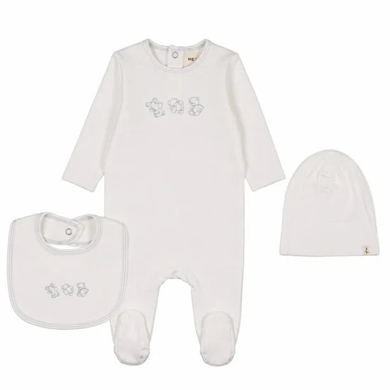 Mema Knits Winter White/Blue Stitch Teddy Footie + Beanie + Bib