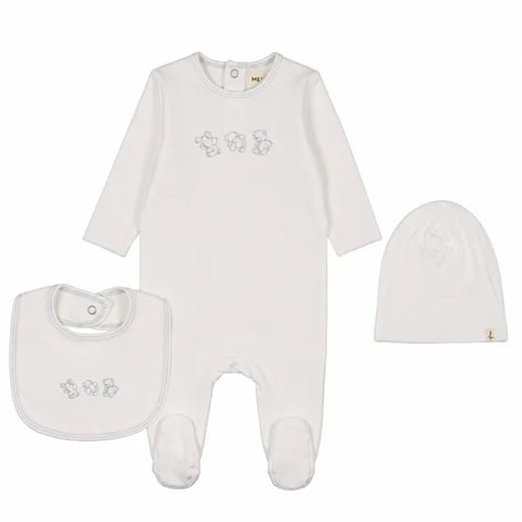 Mema Knits Winter White/Blue Stitch Teddy Footie + Beanie + Bib
