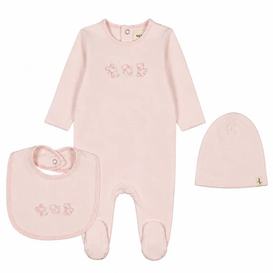Mema Knits Blush/Pink Stitch Teddy Footie + Beanie + Bib