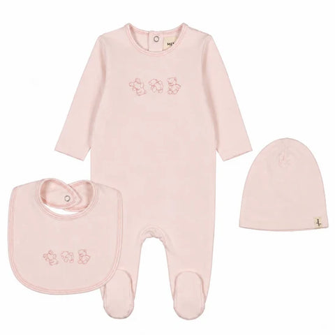 Mema Knits Blush/Pink Stitch Teddy Footie + Beanie + Bib