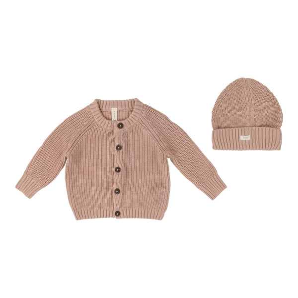 Lilette Peach Chunky Knit Cardigan With Beanie