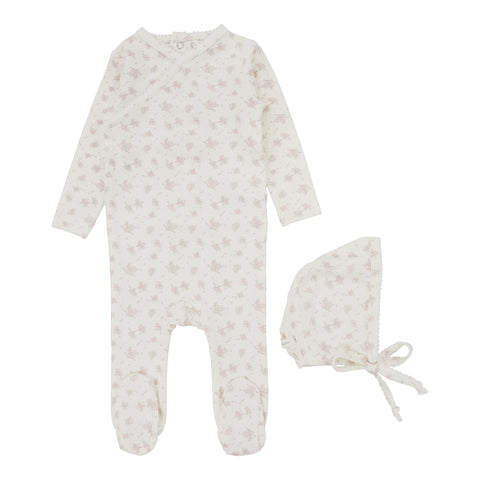 Lilette Vanilla / Mauve Floral Cluster Footie Set