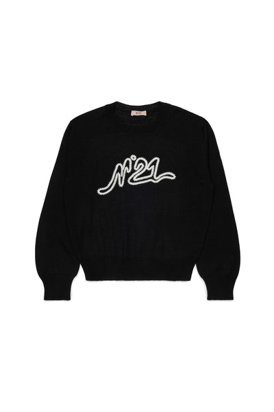 N21 Black Contrast Logo Embroidered Knit Sweater