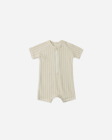 Quincy Mae Blue + Butterscotch Stripe Zip Rashguard One-Piece
