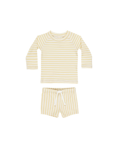 Quincy Mae Ivory Yellow Stripe Finn Rashguard + Short Set