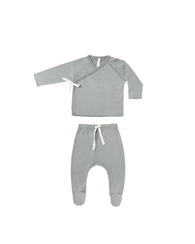 Quincy Mae Dusty Blue Wrap Top + Footed Pant Set
