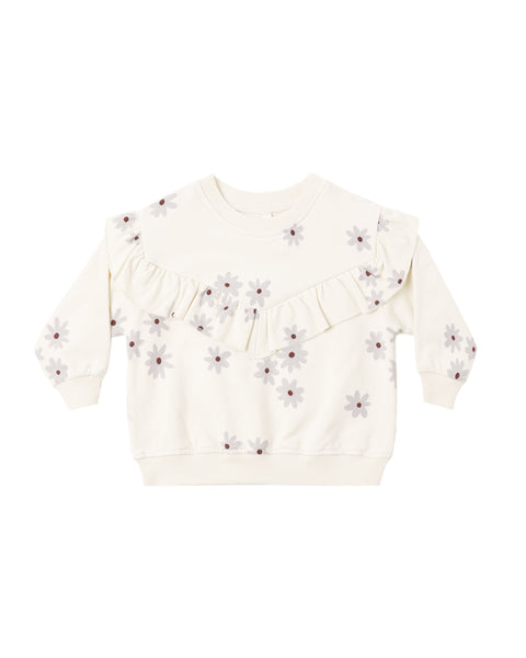 Quincy Mae Natural Blue Daisy Ruffle Relaxed Fleece Sweat Set