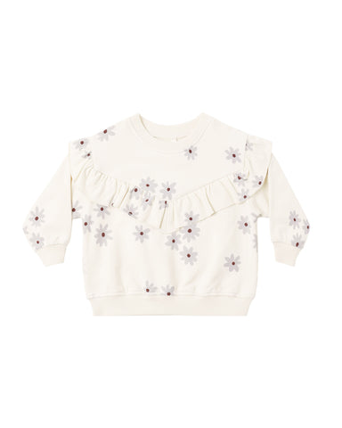 Quincy Mae Natural Blue Daisy Ruffle Relaxed Fleece Sweat Set