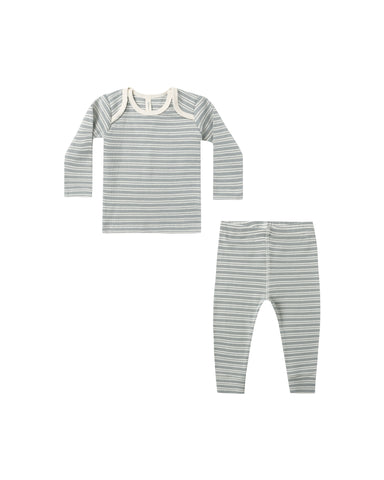 Quincy Mae Steel Blue Micro Stripe Ribbed Tee + Legging Set