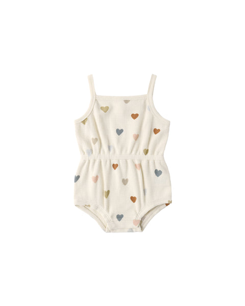 Quincy Mae Natural Confetti Hearts Waffle Cinch Romper