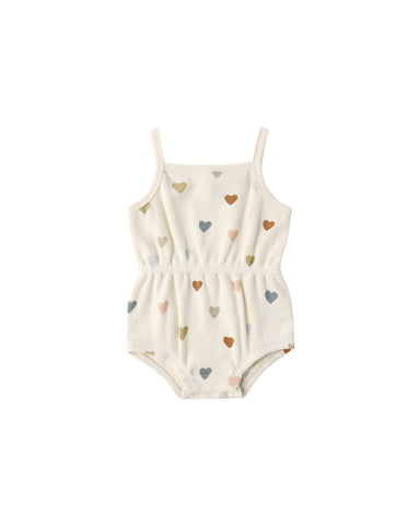 Quincy Mae Natural Confetti Hearts Waffle Cinch Romper