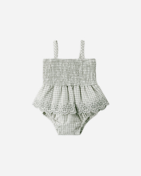 Quincy Mae Sage Gingham Smocked Skirted Romper