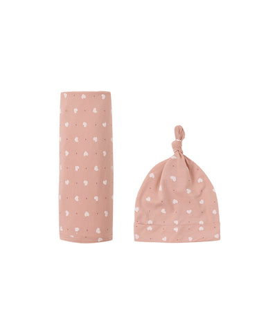 Quincy Mae Pink Hearts Bamboo Knotted Hat + Swaddle Set