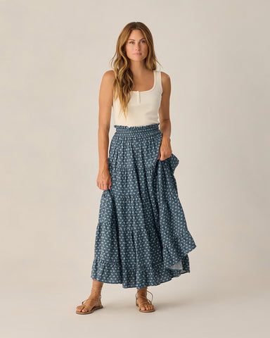 Rylee & Cru Womens Marine Ditsy Ruffle Tiered Maxi Skirt