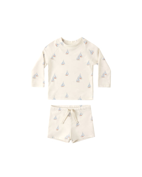 Rylee & Cru Natural Set Sail Boys Rashguard Set