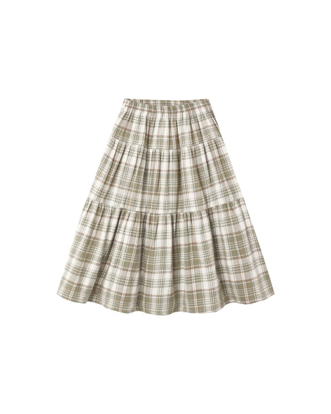 Rylee & Cru Olive Dobby Plaid Tiered Midi Skirt