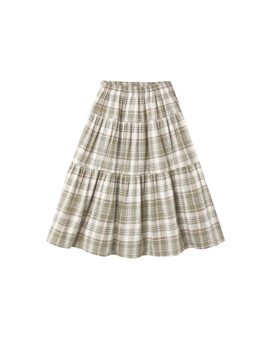 Rylee & Cru Olive Dobby Plaid Tiered Midi Skirt