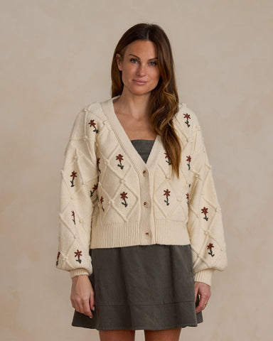 Rylee & Cru Womens Natural Winter Floral Embroidery Boxy Crop Cardigan