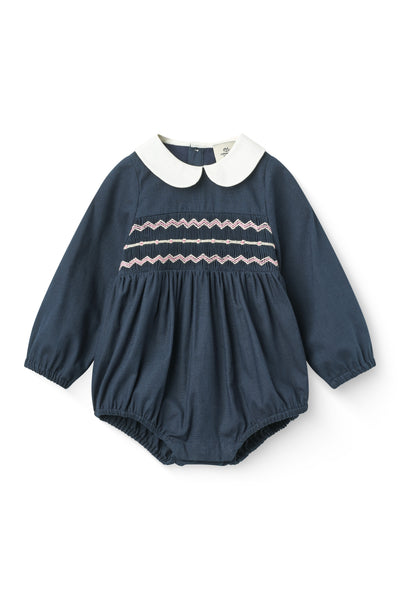 Copenhagen Colors Navy Smocked Embroidered Romper