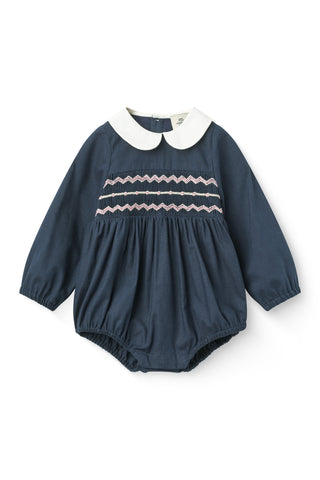 Copenhagen Colors Navy Smocked Embroidered Romper