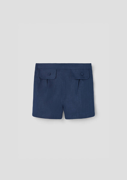 Popelin Navy Linen Flap Shorts