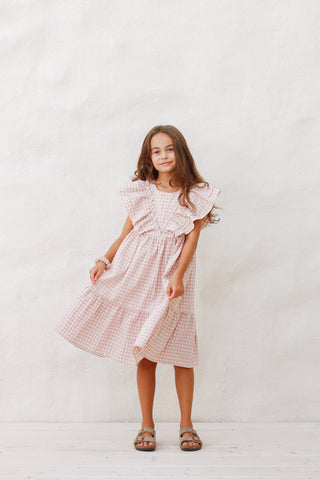 Tiny Bunny Pink Checked V Frill Dress