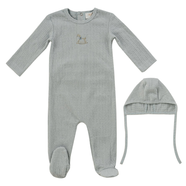 Kipp Baby Blue Rocking Horse Footie + Bonnet Set