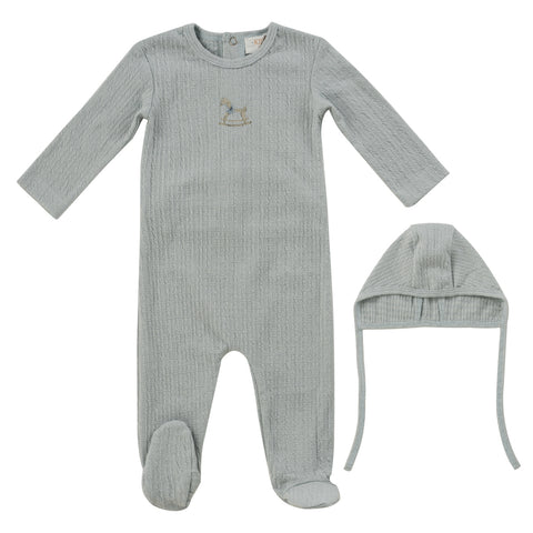 Kipp Baby Blue Rocking Horse Footie + Bonnet Set