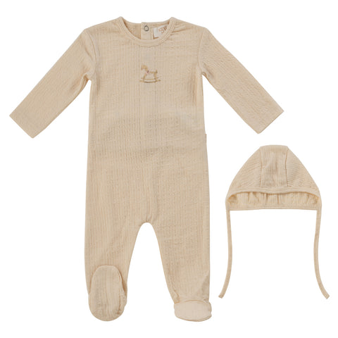 Kipp Baby Pink Rocking Horse Footie + Bonnet Set