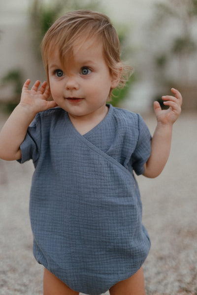 Tiny Bunny Blue Muslin Wrap Romper