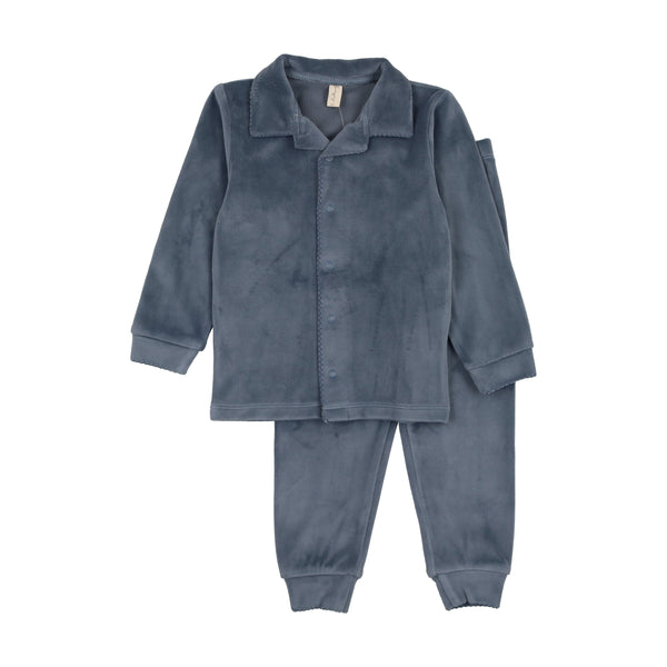 Bonjoy Blue Velour Scalloped Grandpa Pajamas
