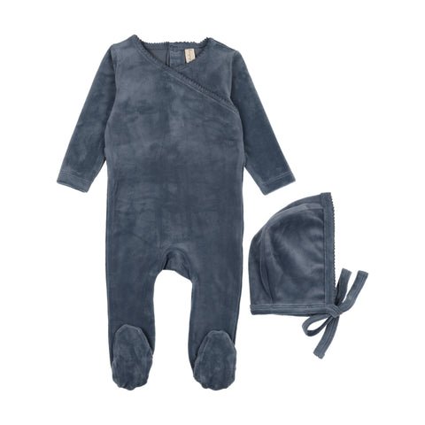 Bonjoy Blue Velour Scallop Collar Footie + Hat Set
