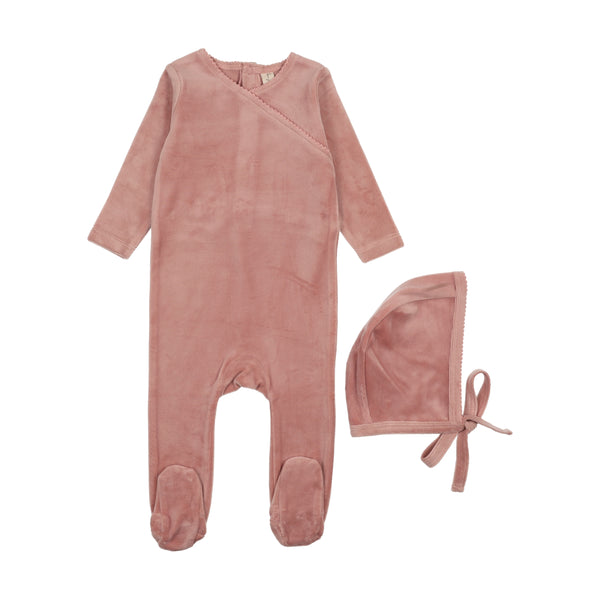 Bonjoy Pink Velour Scallop Collar Footie + Hat Set