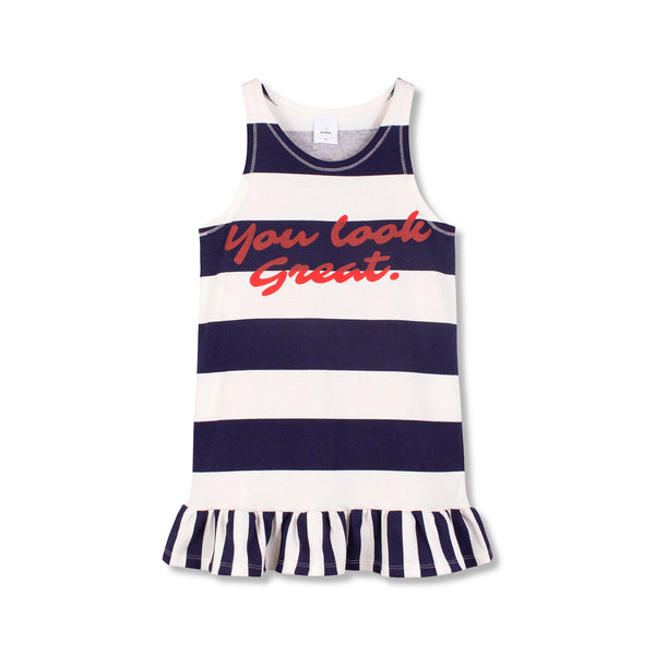 Wynken Navy Deck Horizontal Stripe Frill Tank Dress