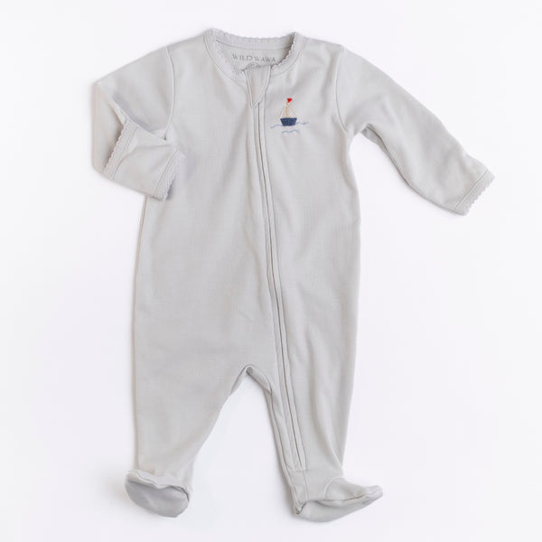 Wild Wawa Blue Boat Pima Embroidered Footie
