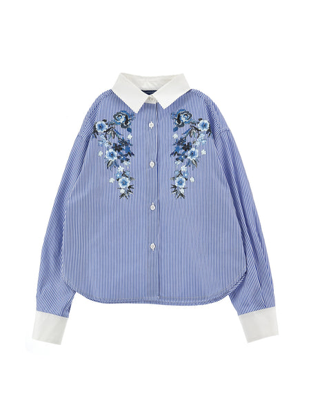 Ermanno Scervino Blue Striped Embroidered Blouse