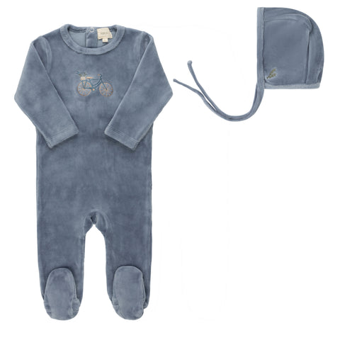 Aurora Blue Velour Bicycle Footie + Bonnet