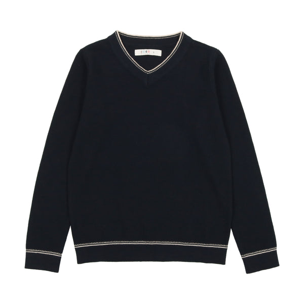 Coco Blanc Navy Knit Stitched V-neck Sweater