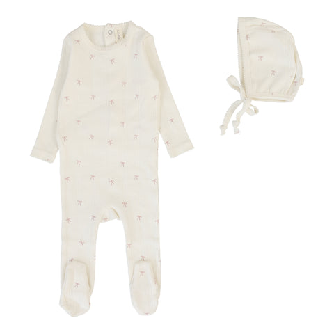 Lilette Cream/Pink Bow Printed Pointelle Footie Set PPFS-CPB