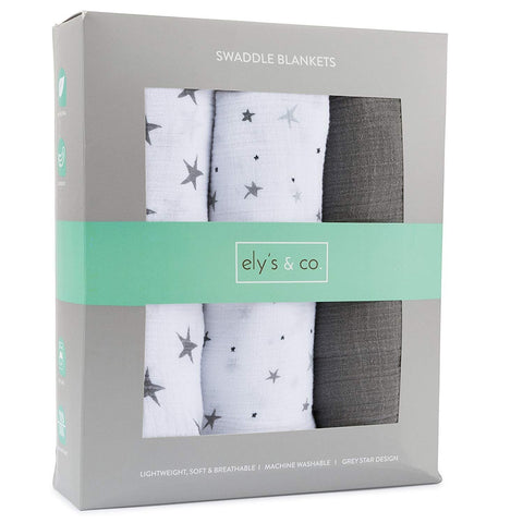 Ely's & Co Three Pack Grey Stars Muslin Swaddle