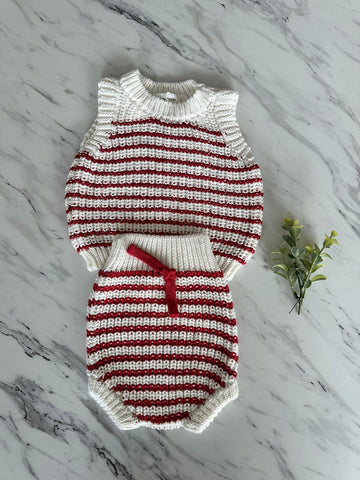 Pequeno Tocon Red Stripes Knit Top + Bloomer Set