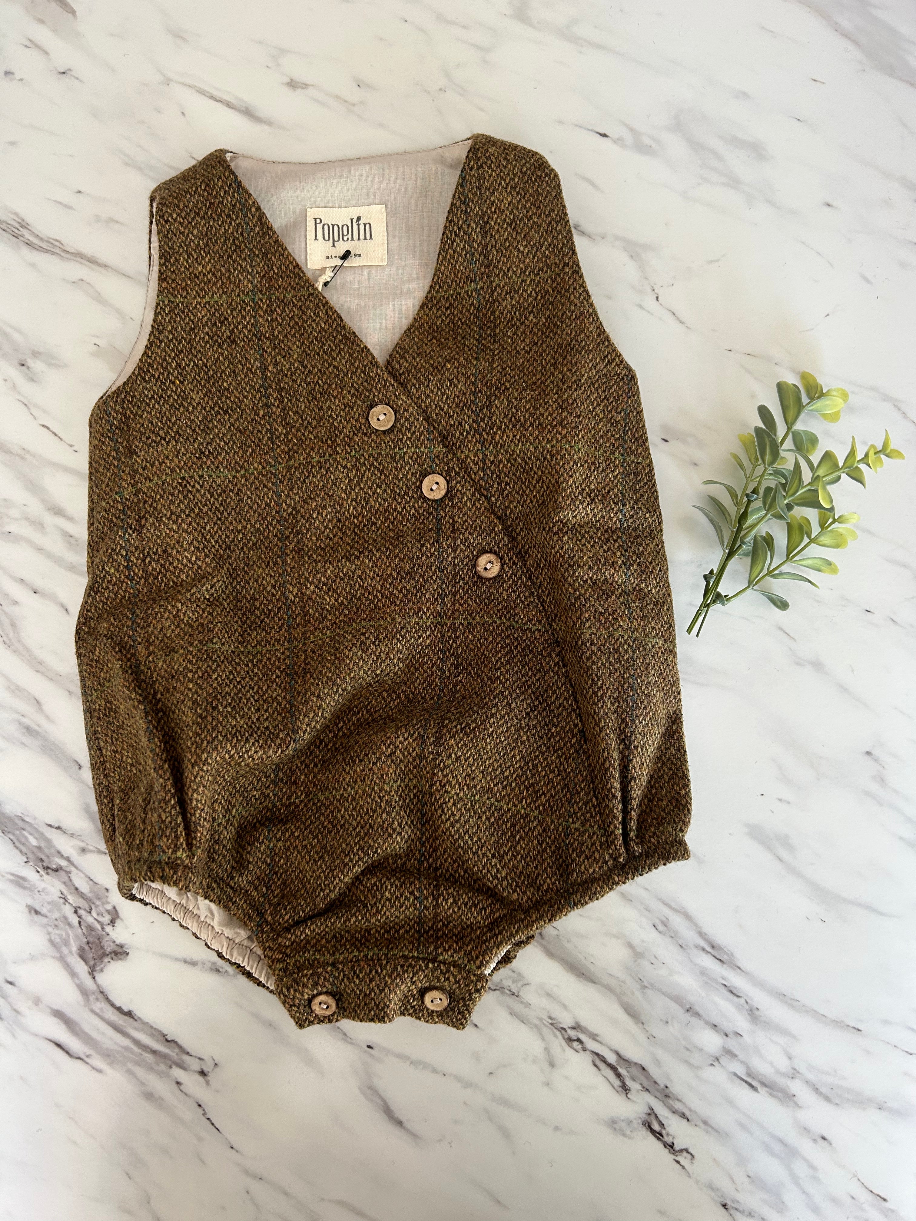 Popelin Green Check Woolen Crossover Romper Suit