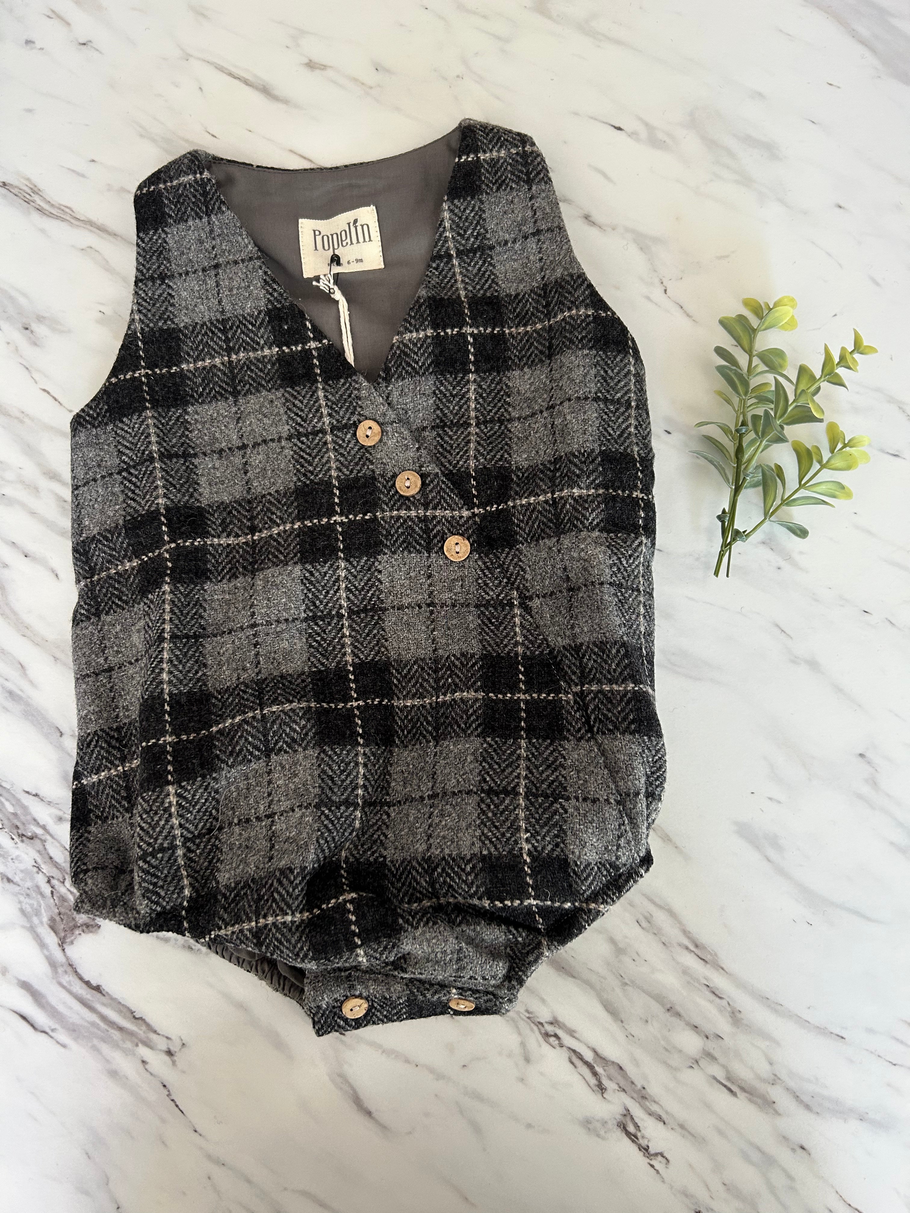 Popelin Grey Check Woolen Crossover Romper Suit