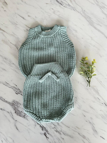 Pequeno Tocon Blue Knit Top + Bloomer Set