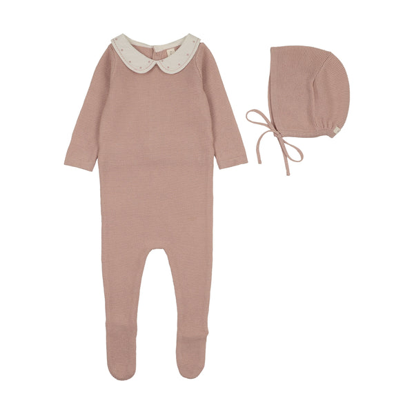 Lilette Dusty Pink/Cream Embroidered Knit Collar Footie Set