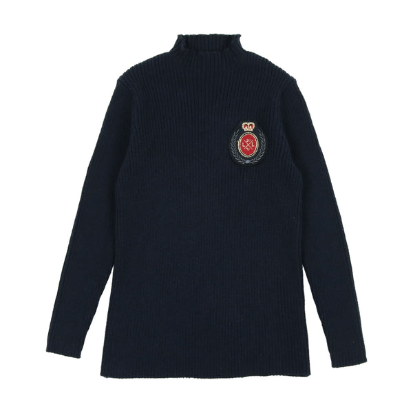 Lil Legs Navy Crest Knit Funnel Neck Sweater