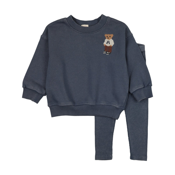 Lil Legs Vintage Indigo Embroidered Bear Sweatshirt Set