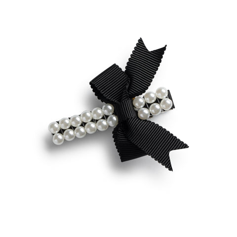 Halo Luxe Black Molly Double Strand Pearl Grosgrain Bow Clip