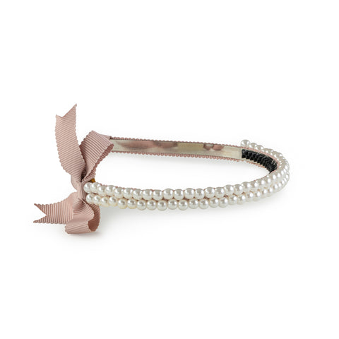 Halo Luxe Mocha Molly Double Strand Pearl Grosgrain Bow Headband